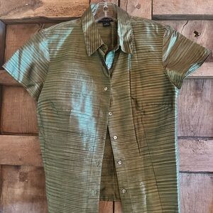Ann Taylor Olive Green Short-Sleeve Silk Button-Up Blouse